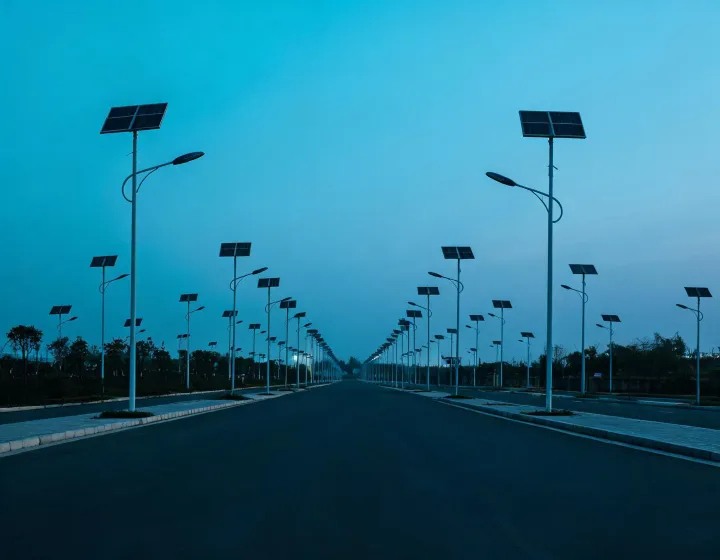 Solar street lighting installed along a civic roadway